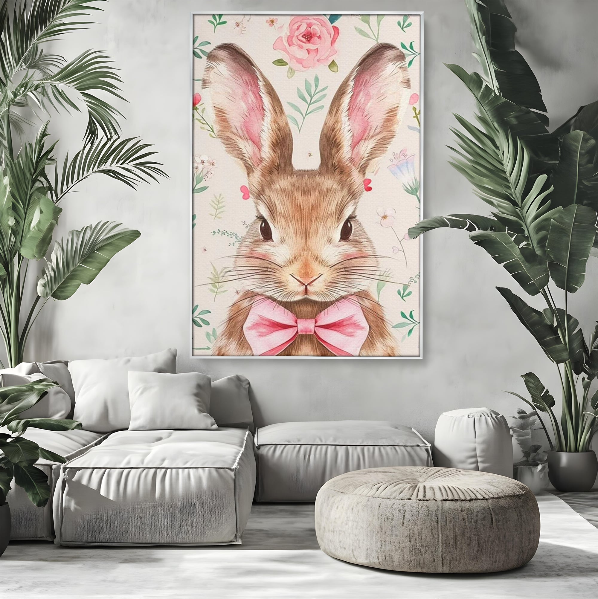 Tablou canvas cu tablou canvas cu iepure dandy, in rama de aluminiu argintiu, pe perete intr-un living
